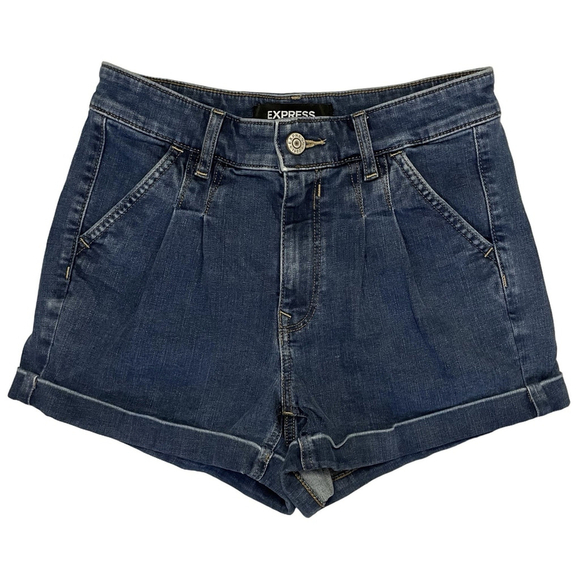 Express Pleated Mom High Rise Shortie Denim Cuffed Shorts Size 4 - Picture 1 of 7